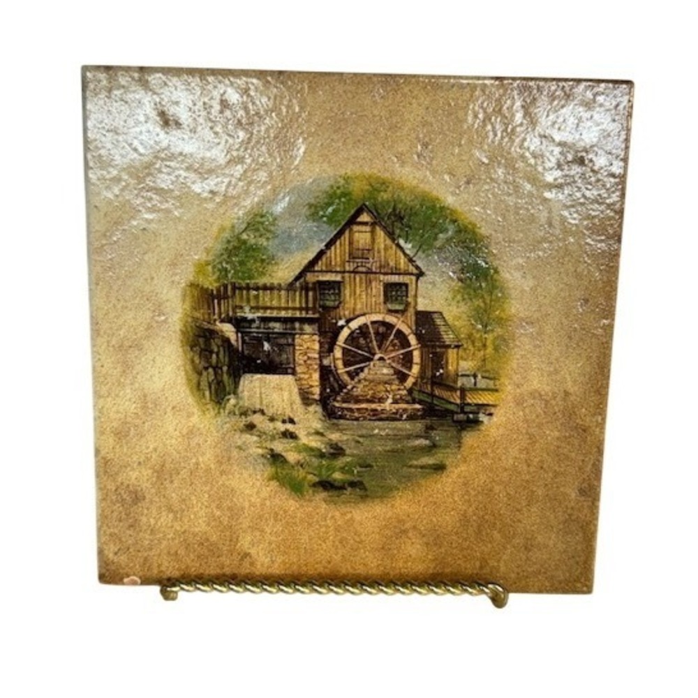 Vintage Sassuolo Italy Ceramic Art Tile Rustic Water Mill Scene 8x8 Farmhouse